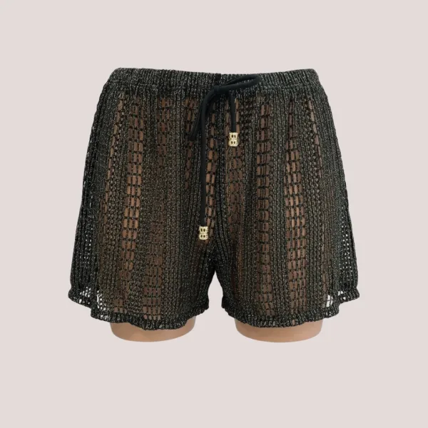 Modern Ocean Γυναικείο Set Bikini μαύρο πλεκτό με χρυσό glitter Push up τρίγωνο & slip με διάτρητο σορτς C-6301 Black Gold