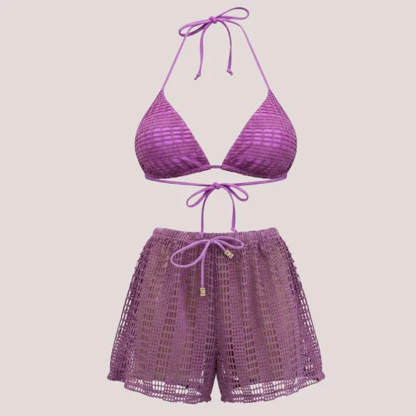 Modern Ocean Γυναικείο Set Bikini μωβ πλεκτό με χρυσό glitter Push up τρίγωνο & slip με διάτρητo σορτς C-6301 Purple Gold