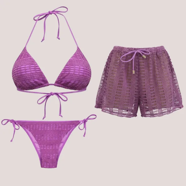 Modern Ocean Γυναικείο Set Bikini μωβ πλεκτό με χρυσό glitter Push up τρίγωνο & slip με διάτρητo σορτς C-6301 Purple Gold