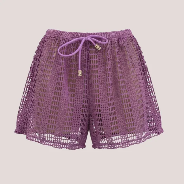 Modern Ocean Γυναικείο Set Bikini μωβ πλεκτό με χρυσό glitter Push up τρίγωνο & slip με διάτρητo σορτς C-6301 Purple Gold