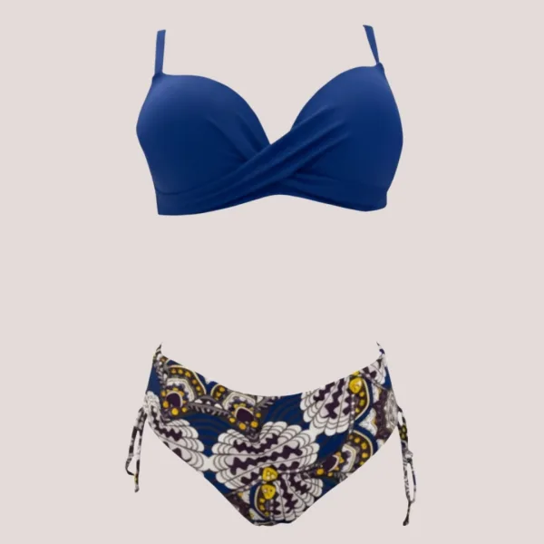 Modern Ocean Γυναικείο Set bikini σουτιέν μπλέ ρουά push up με τιράντες δετό  & ψηλόμεσο σλιπ  με μοτίβο στις αποχρώσεις μπλέ καφέ κίτρινου ιβουάρ C-6354