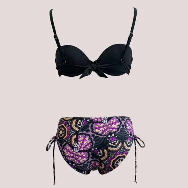 Modern Ocean Γυναικείο Set bikini σουτιέν μαύρο push up με τιράντες δετό  & ψηλόμεσο σλιπ  με μοτίβο στις αποχρώσεις ροζ φούξια μωβ και πορτοκαλί C-6354