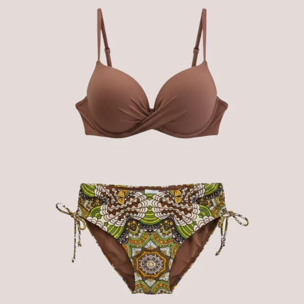 Modern Ocean Γυναικείο Set bikini σουτιέν σοκολά push up με τιράντες δετό  & ψηλόμεσο σλιπ  με μοτίβο στις αποχρώσεις καφέ κίτρινου λαχανί C-6354