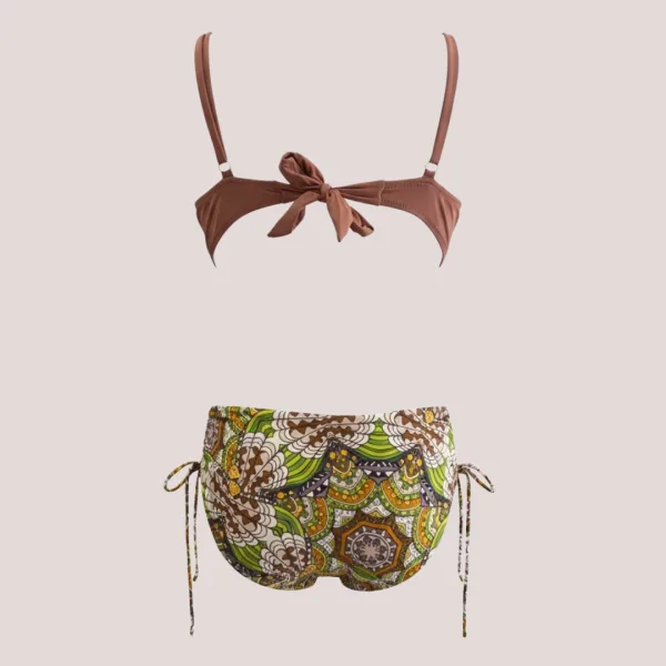 Modern Ocean Γυναικείο Set bikini σουτιέν σοκολά push up με τιράντες δετό  & ψηλόμεσο σλιπ  με μοτίβο στις αποχρώσεις καφέ κίτρινου λαχανί C-6354