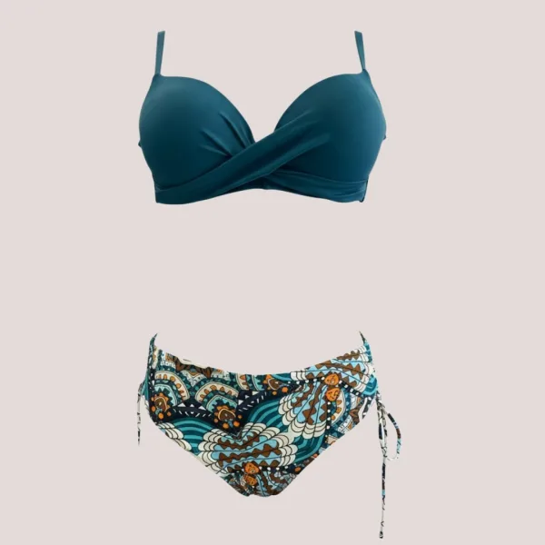 Modern Ocean Γυναικείο Set bikini σουτιέν Πετρόλ push up με τιράντες δετό  & ψηλόμεσο σλιπ  με μοτίβο στις αποχρώσεις πετρόλ καφέ γαλάζιου ιβουάρ C-6354