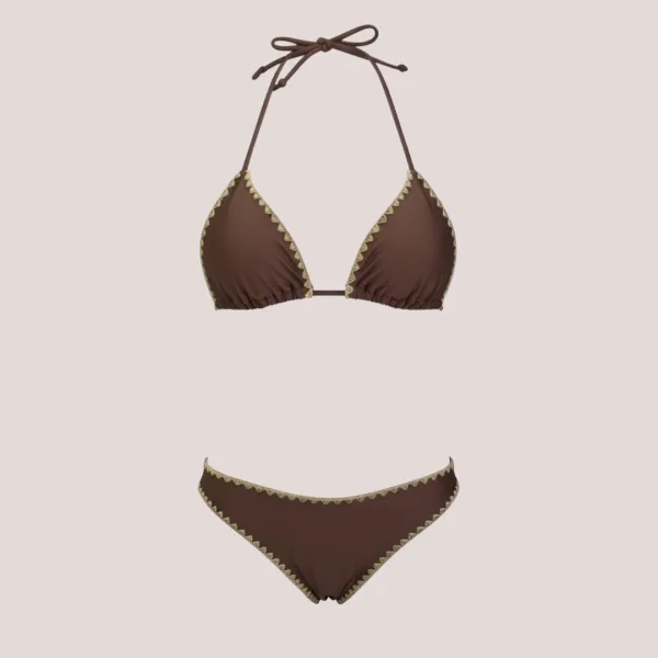 MYA swimwear Γυναικείο bikini set μαγιό μεταλλιζέ τριγωνάκι & brazil v με πλεκτό τελείωμα Σκούρο καφέ MB2205