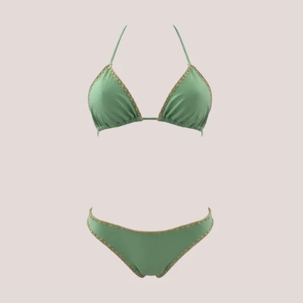 MYA swimwear Γυναικείο bikini set μαγιό μεταλλιζέ τριγωνάκι & brazil v με πλεκτό τελείωμα πράσινο ανοιχτό MB2205