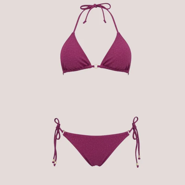 Modern Ocean Γυναικείο Set Bikini Τριγωνάκι φούξια με ασημοκλωστή & δετό brazil C-6025 fuchsia