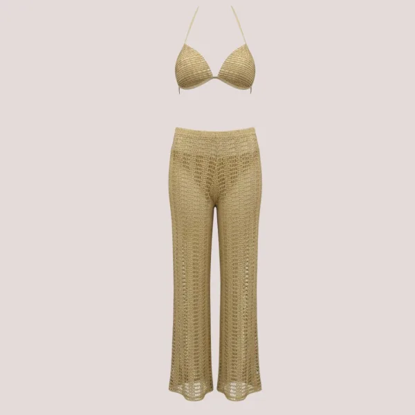 Modern Ocean Γυναικείο Set Bikini Χρυσό πλεκτό glitter Gold Push up τρίγωνο & slip με χρυσή διάτρητη παντελόνα C-6302