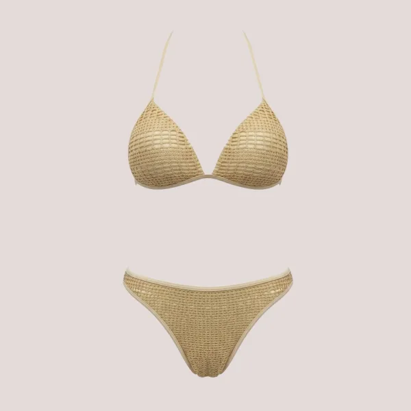 Modern Ocean Γυναικείο Set Bikini Χρυσό πλεκτό glitter Gold Push up τρίγωνο & slip με χρυσή διάτρητη παντελόνα C-6302