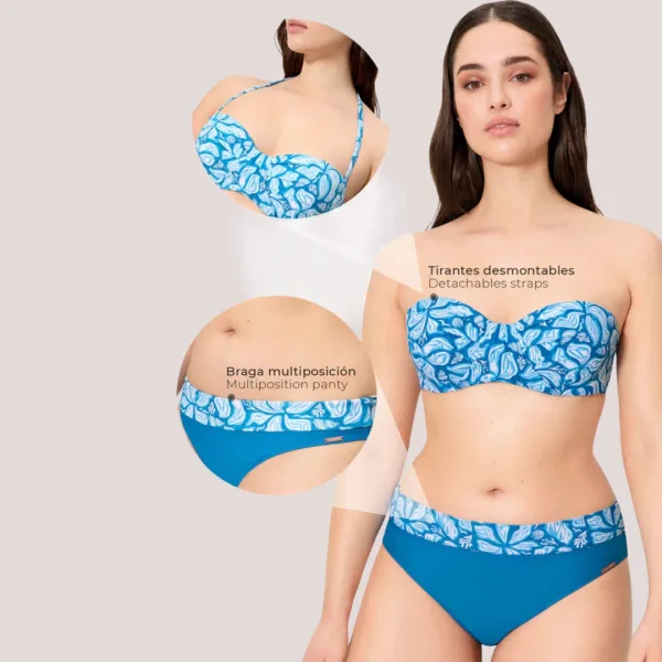Ysabel Mora Γυναικείο Set bikini bandeau strapless μπλέ με λευκά Λουλούδια  Μαγιό Bandeau & ψηλόμεσο σλιπ δίχρωμο  83248