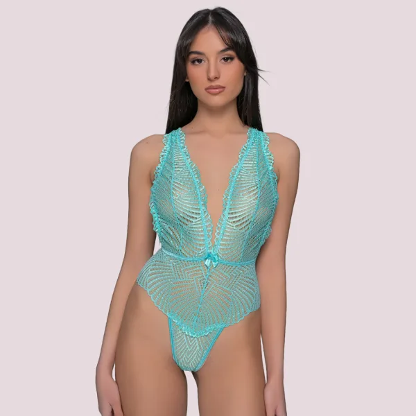 Milena by Paris Γυναικείο Sexy Κορμάκι Στρίνγκ Τυρκουάζ Aqua με υπέροχη Δαντέλα & ανοιχτή πλάτη 002506