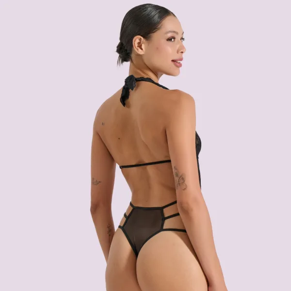 Milena by Paris Γυναικείο Sexy Κορμάκι Στρίνγκ Μαύρο με υπέροχη Δαντέλα &  πλαινά κοψίματα 002529 Black