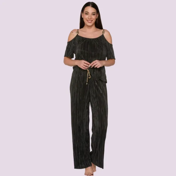 Luna Γυναικεία παντελόνα πλισέ απο την collection dama με χρύσό κορδόνι summer collection 94440