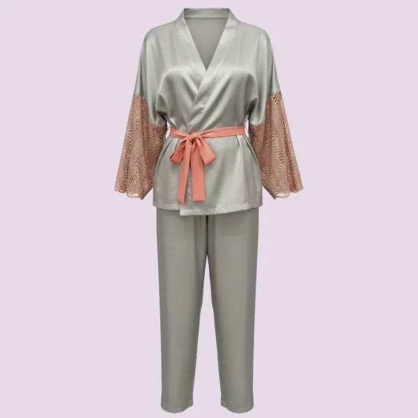 Bonjour Madame Γυναικείο φανταστικό σετ σατέν πιτζάμα πολυτελείας 3 τεμ μέντα ρόμπα παντελόνι & σουτιέν 1317