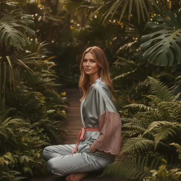 Bonjour Madame Γυναικείο φανταστικό σετ σατέν πιτζάμα πολυτελείας 3 τεμ μέντα ρόμπα παντελόνι & σουτιέν 1317