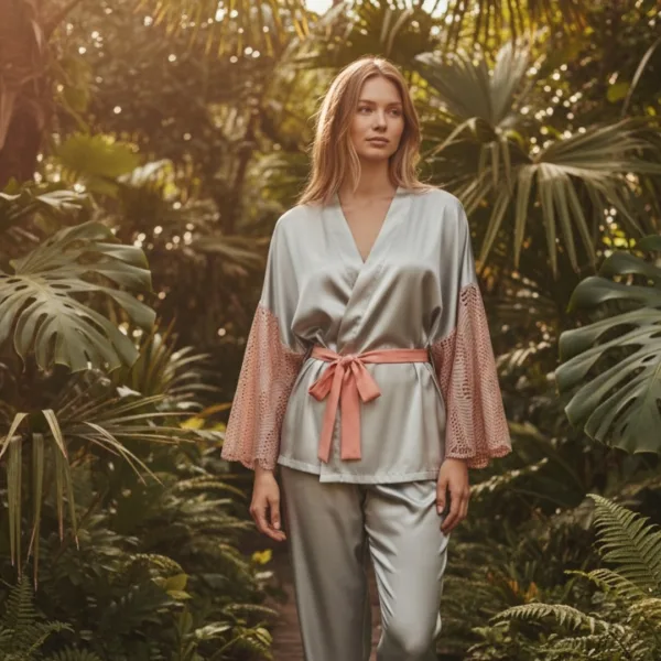 Bonjour Madame Γυναικείο φανταστικό σετ σατέν πιτζάμα πολυτελείας 3 τεμ μέντα ρόμπα παντελόνι & σουτιέν 1317