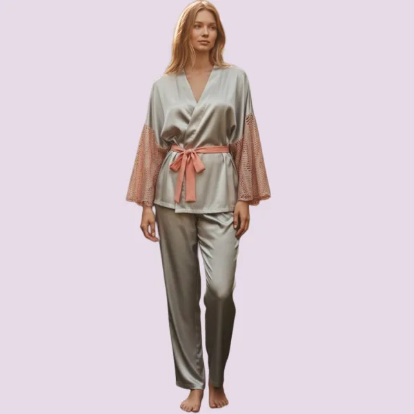 Bonjour Madame Γυναικείο φανταστικό σετ σατέν πιτζάμα πολυτελείας 3 τεμ μέντα ρόμπα παντελόνι & σουτιέν 1317