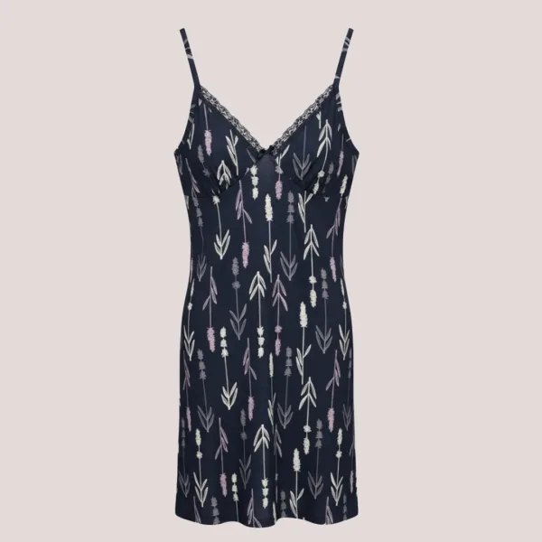 Modalove Γυναικείο  Νυχτικό με Τιραντάκι Κοντό Viscose Βισκόζη μπλέ με λουλουδάκα μωβ & λευκά 700214