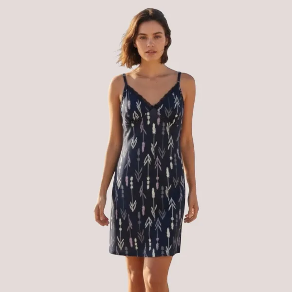 Modalove Γυναικείο  Νυχτικό με Τιραντάκι Κοντό Viscose Βισκόζη μπλέ με λουλουδάκα μωβ & λευκά 700214