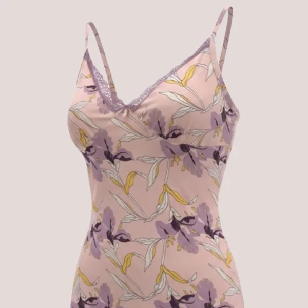 Modalove Γυναικείο  Νυχτικό με Τιραντάκι Κοντό Viscose Βισκόζη Ροζ  με λουλουδάκα μωβ κίτρινα & λευκά 700220