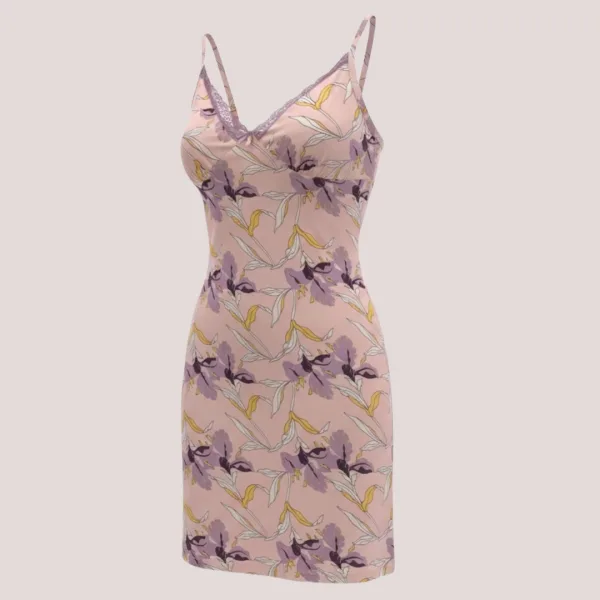 Modalove Γυναικείο  Νυχτικό με Τιραντάκι Κοντό Viscose Βισκόζη Ροζ  με λουλουδάκα μωβ κίτρινα & λευκά 700220