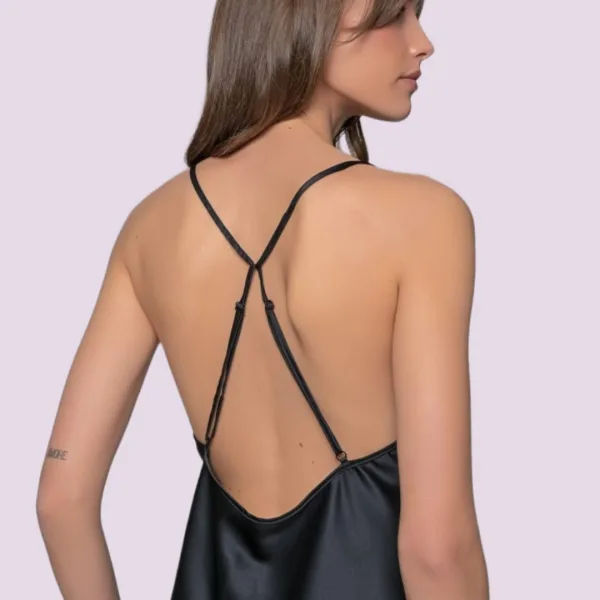Milena by Paris Γυναικείο μακρύ σατέν νυχτικό Μαύρο με χιαστί πλάτη ρυθμιζόμενη & String δώρο Ιδανικό για δώρο 003449 Nightdress 