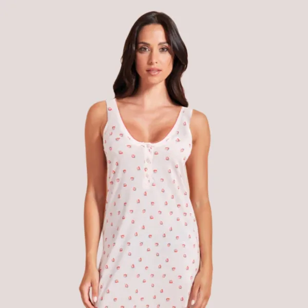 Q-bo Γυναικείο αμάνικο νυχτκό από ύφασμα modal με τρία κουμπιά ροζ με σχέδια φράουλες 49268 pink