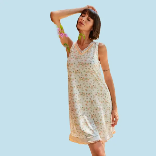 Q-bo Γυναικείο αμάνικο από ύφασμα modal με V Ιβουάρ με πορτοκαλί ψιλά λουλουδάκια 9669.AL.AS1