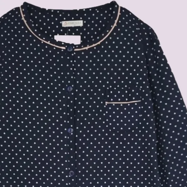 Γυναικείο Χειμερινό κλασικό βαμβακερό fleece νυχτικό με κουμπιά Μπλέ με καρδούλες και διακριτική διακοσμητική τσεπούλα 7198