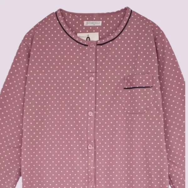 Γυναικείο Χειμερινό κλασικό βαμβακερό fleece νυχτικό με κουμπιά Σκούρο Ροζ με καρδούλες και διακριτική διακοσμητική τσεπούλα 7198