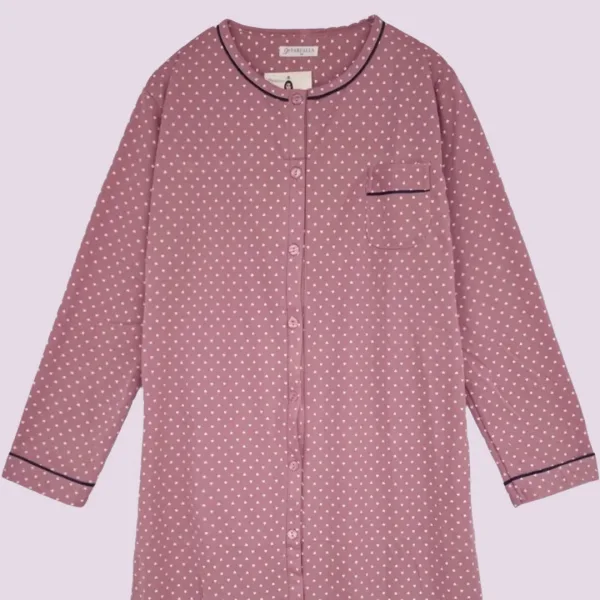 Γυναικείο Χειμερινό κλασικό βαμβακερό fleece νυχτικό με κουμπιά Σκούρο Ροζ με καρδούλες και διακριτική διακοσμητική τσεπούλα 7198