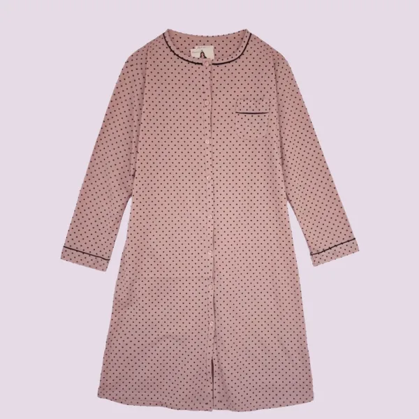 Γυναικείο Χειμερινό κλασικό βαμβακερό fleece νυχτικό με κουμπιά Ροζ με καρδούλες και διακριτική διακοσμητική τσεπούλα 7198