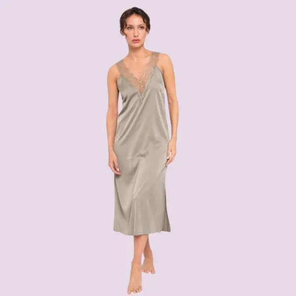 Muydemi Hello Dreamers Γυναικείo σατέν μακρύ νυχτικό χακί αμάνικο με δαντέλα  210049