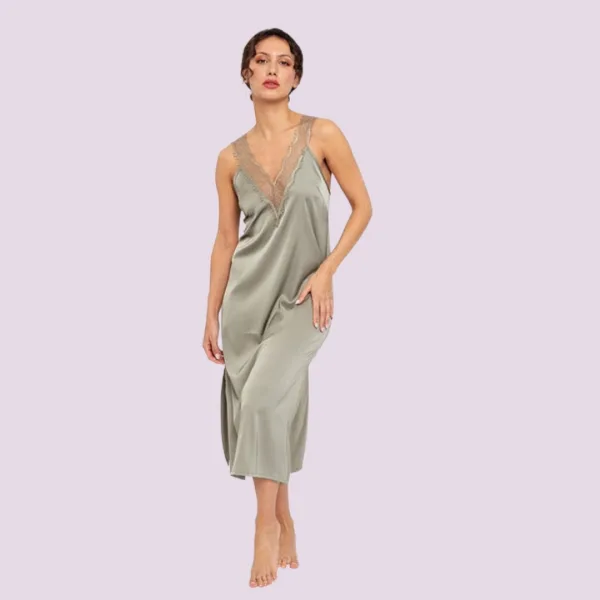 Muydemi Hello Dreamers Γυναικείo σατέν μακρύ νυχτικό χακί αμάνικο με δαντέλα  210049