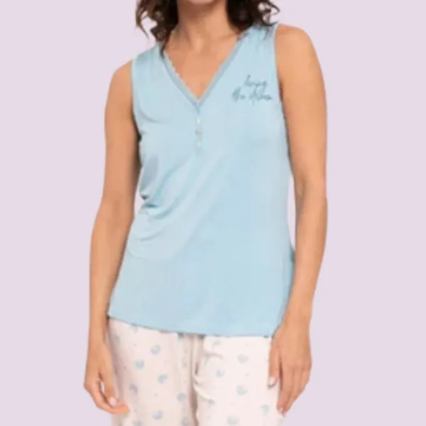 Muydemi Γυναικεία Modal πιτζάμα μπλέ αμάνικη μπλούζα με κάπρι ζαχαρί παντελόνι 210057 light blue