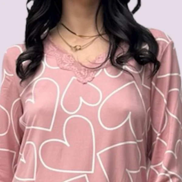 Γυναικεία Βαμβακερή Ροζ ζεστή Πιτζάμα με V μπλούζα με δαντέλα & καρδιές & και ροζ παντελόνι  613 Pink