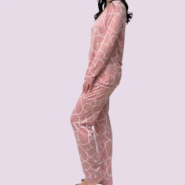 Γυναικεία Βαμβακερή Ροζ ζεστή Πιτζάμα με V μπλούζα με δαντέλα & καρδιές & και ροζ παντελόνι  613 Pink