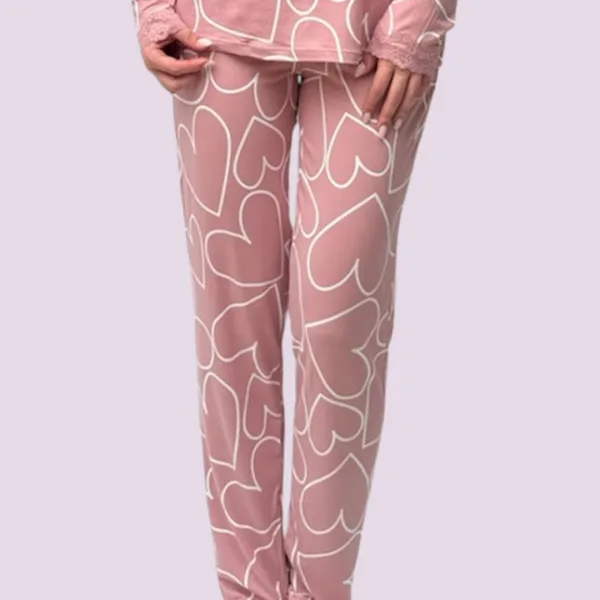 Γυναικεία Βαμβακερή Ροζ ζεστή Πιτζάμα με V μπλούζα με δαντέλα & καρδιές & και ροζ παντελόνι  613 Pink