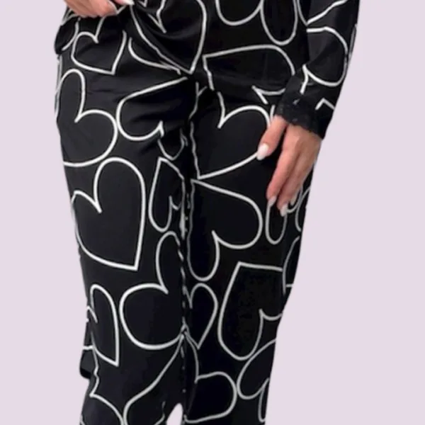 Γυναικεία Βαμβακερή Σκούρο Μπλέ ζεστή Πιτζάμα με V μπλούζα με δαντέλα & καρδιές & και μπλέ παντελόνι  613 Dark BLUE