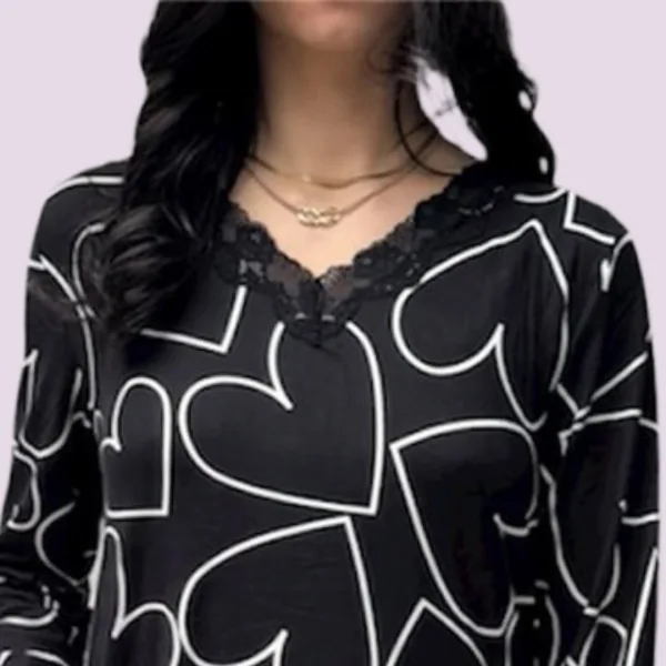 Γυναικεία Βαμβακερή Σκούρο Μπλέ ζεστή Πιτζάμα με V μπλούζα με δαντέλα & καρδιές & και μπλέ παντελόνι  613 Dark BLUE