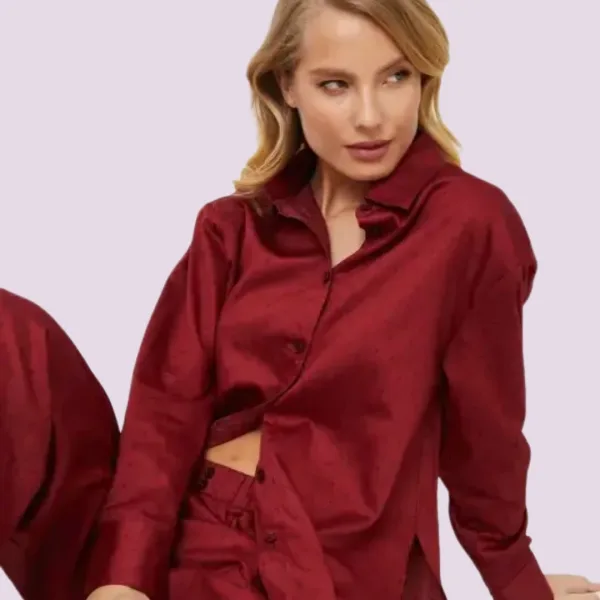 Aruelle Γυναικείο σετ πιτζάμας 100% Cotton πολυτελείας μπορντώ με κουμπιά & μακρύ παντελόνι σχεδιο καρδουλες Vittoria 