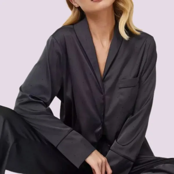 Aruelle Γυναικείό Σετ Πυτζάμας Σατέν μαύρο γκρί Πουκάμισο με Κουμπιά Agatha pajama long 39.01.23.592