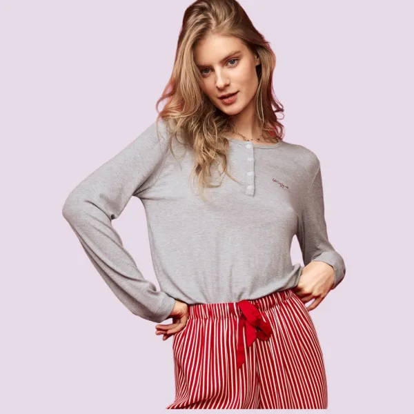 Aruelle Γυναικείό Σετ Πυτζάμα Γκρί ριπ top με κόκκινο ρίγα παντελόνι 100% Viscose Camy pajama long