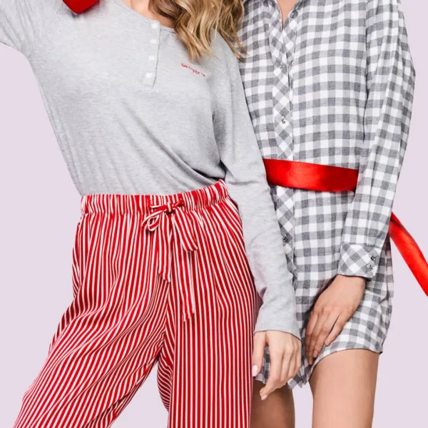Aruelle Γυναικείό Σετ Πυτζάμα Γκρί ριπ top με κόκκινο ρίγα παντελόνι 100% Viscose Camy pajama long
