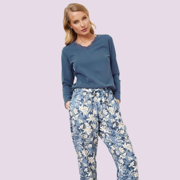 Aruelle Γυναικείό Σετ Πυτζάμα μπλέ top με floral παντελόνι 100% Cotton Fleur pajama long
