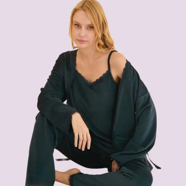 Mihra Γυναικεία Χειμερινή Βελούδινη Πιτζάμα Πετρόλ Σετ 3τεμ Τοπ-Ρόμπα-Μακρύ Παντελόνι 13402-R195.Petrol