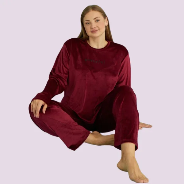 Mihra γυναικεία Μπορντώ βελούδινη πιτζάμα Plus sizes 13213-3 Bordaux