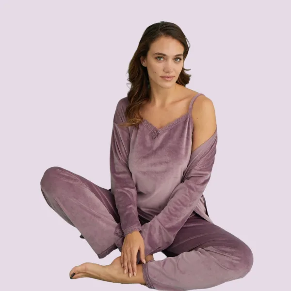 Mihra Γυναικεία Χειμερινή Βελούδινη Πιτζάμα Λιλά Σετ 3τεμ Τοπ-Ρόμπα-Μακρύ Παντελόνι 13402-R322