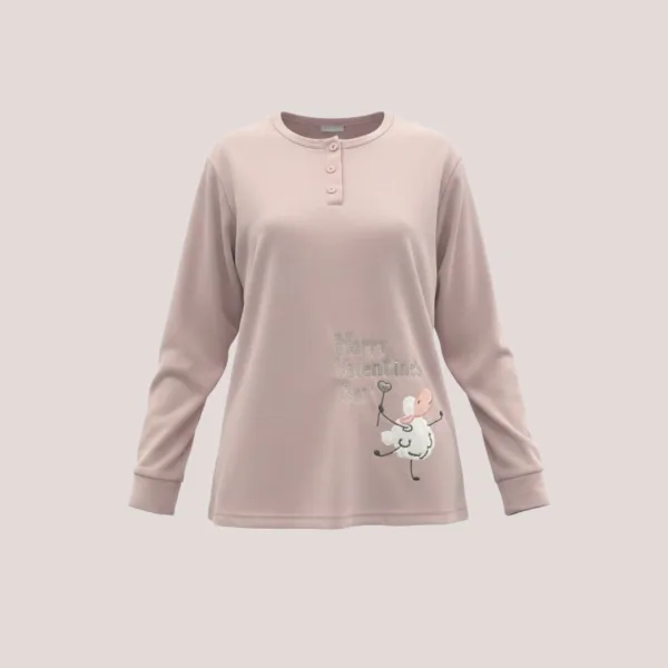 Γυναικεία Βαμβακερή Πιτζάμα fashion με σχέδιο προβατάκια ροζ μπλούζα με κουμπιά και γκρί παντελόνι Happy Valentine's Day F5683 Dusty pink